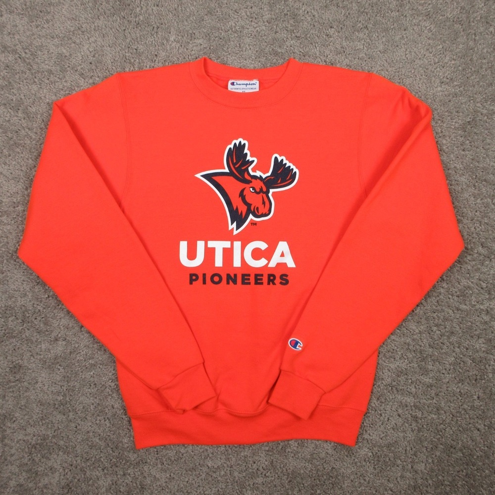 Utica Pioneers Sweater Mens XS Orange Crewneck Sweatshirt Champion College NCAA